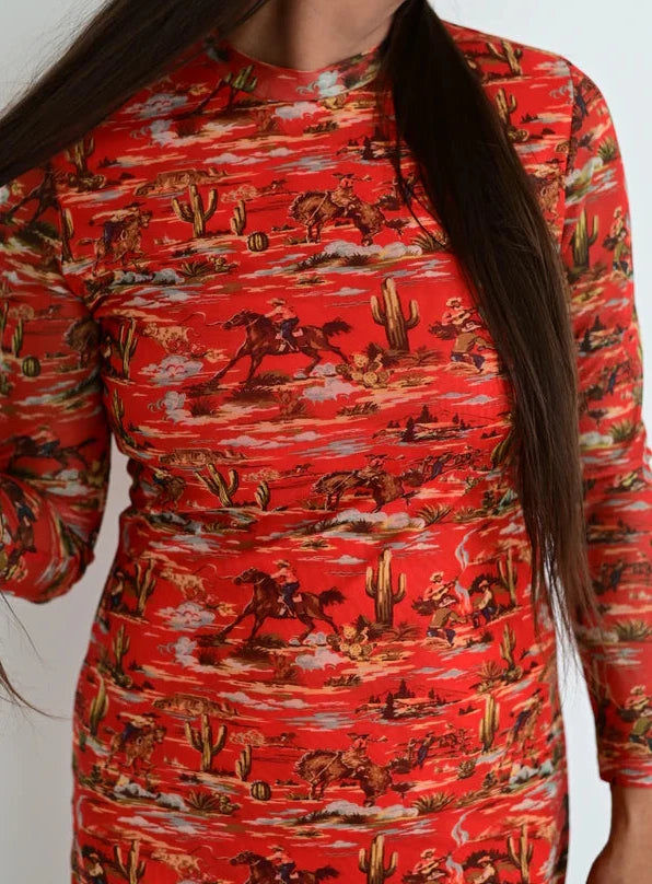 CLOSE UP OF WOMENS Red Cowboy Print Midi Dress