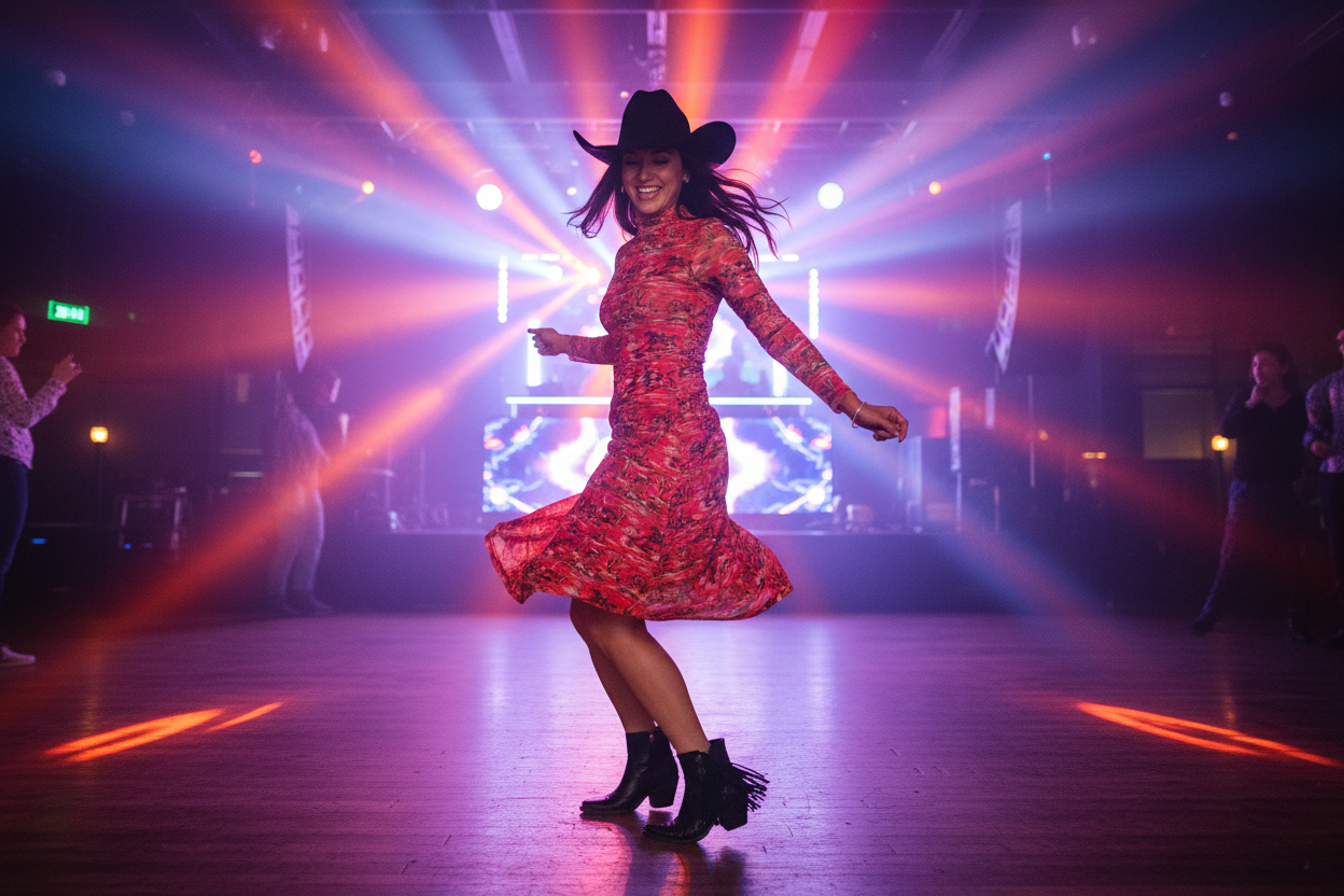 woman wearing Red Cowboy Print Midi Dress on night out