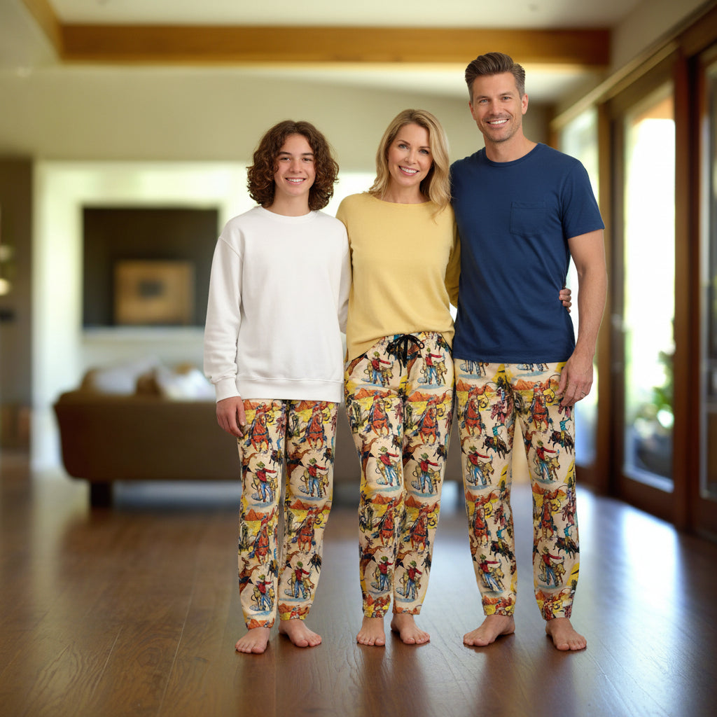 FAMILYe wearing colorful WESTERN pajama pants standing in a living room.