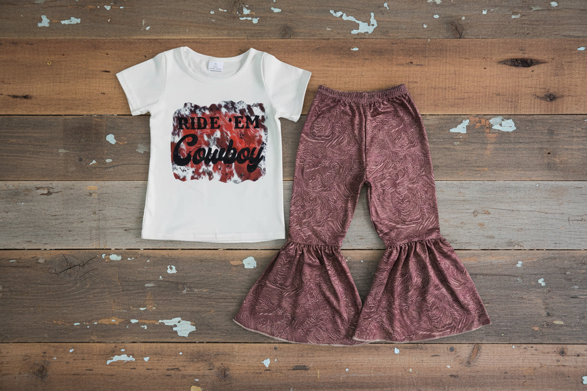 Ride Em Cowboy Outfit, Girls Western Bell Bottom Set, Tooled Leather Print Flare Pants on barn wood background