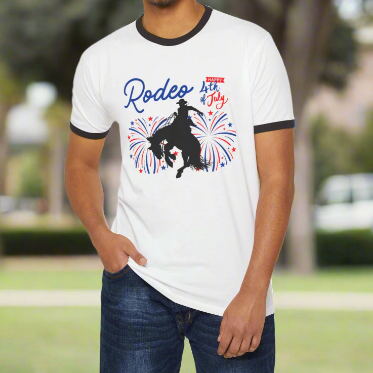 Rodeo Cowboy 4th of July Shirt, Western Ringer Tee with Fireworks Design