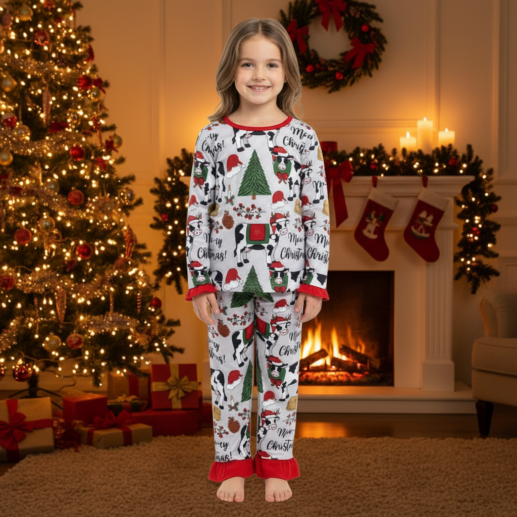 Matching Family “Moo-ey Christmas” Pajamas – Western Cow Print Holiday PJs | Kids & Adult Sets