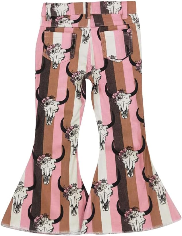Girls Floral Skull Bell Bottom Jeans | Western Boho Kids Flare Pants