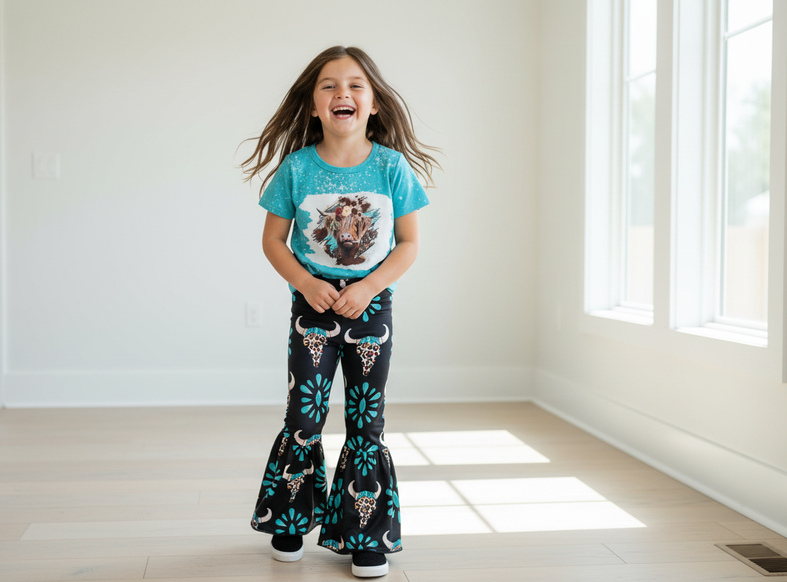 Scottish Highlander Cowgirl Bell Bottom Set for Girls | Western Outfit