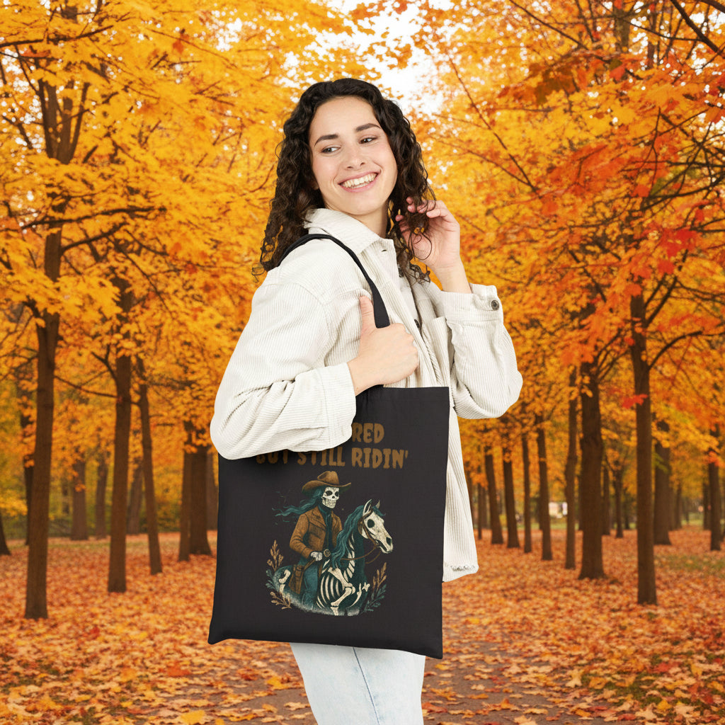 Skeleton Cowgirl Tote Bag, Dead Tired But Still Ridin -Razels