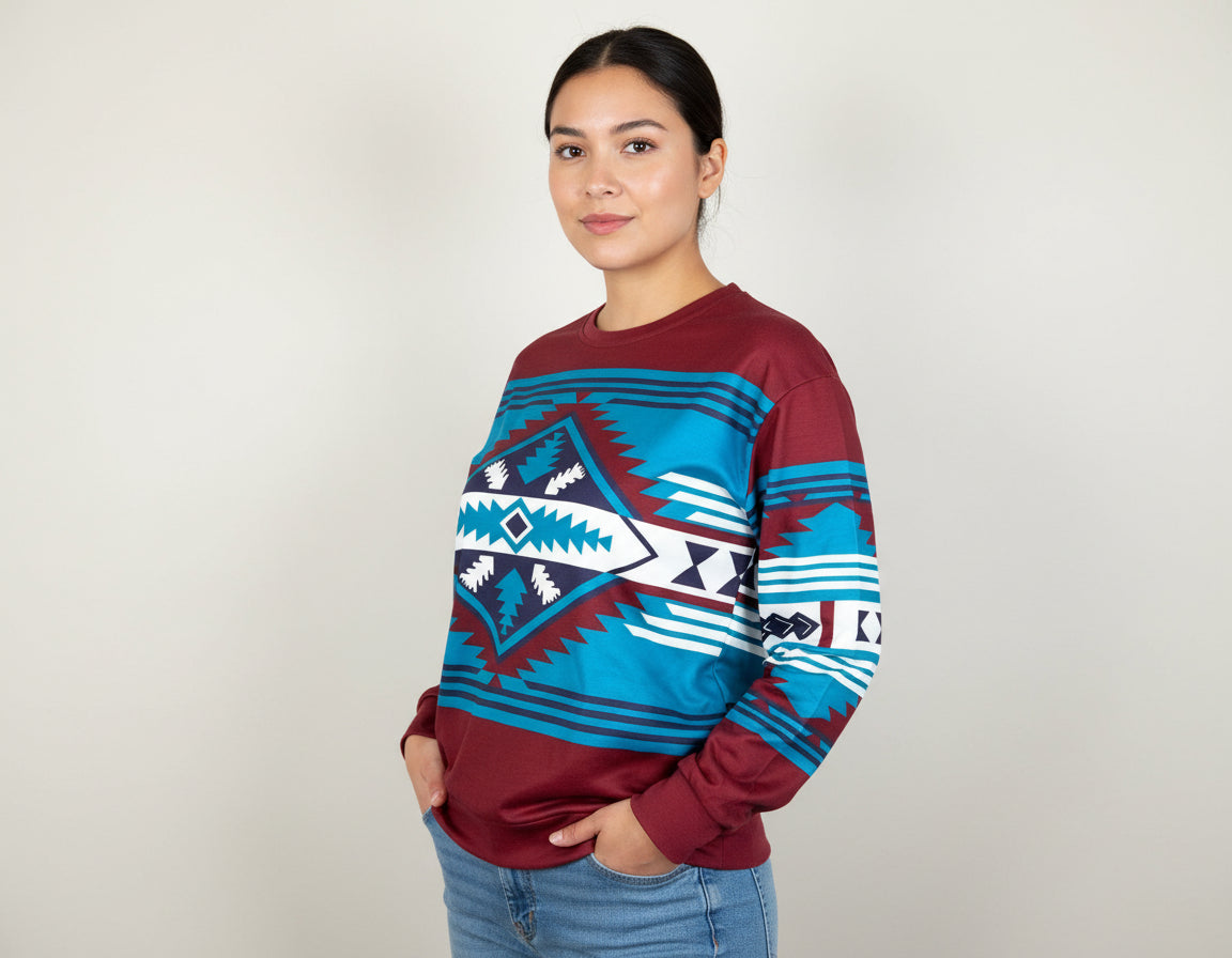 Small Maroon Aztec Sweatshirt, Lightweight Western Cowgirl Top -Razels