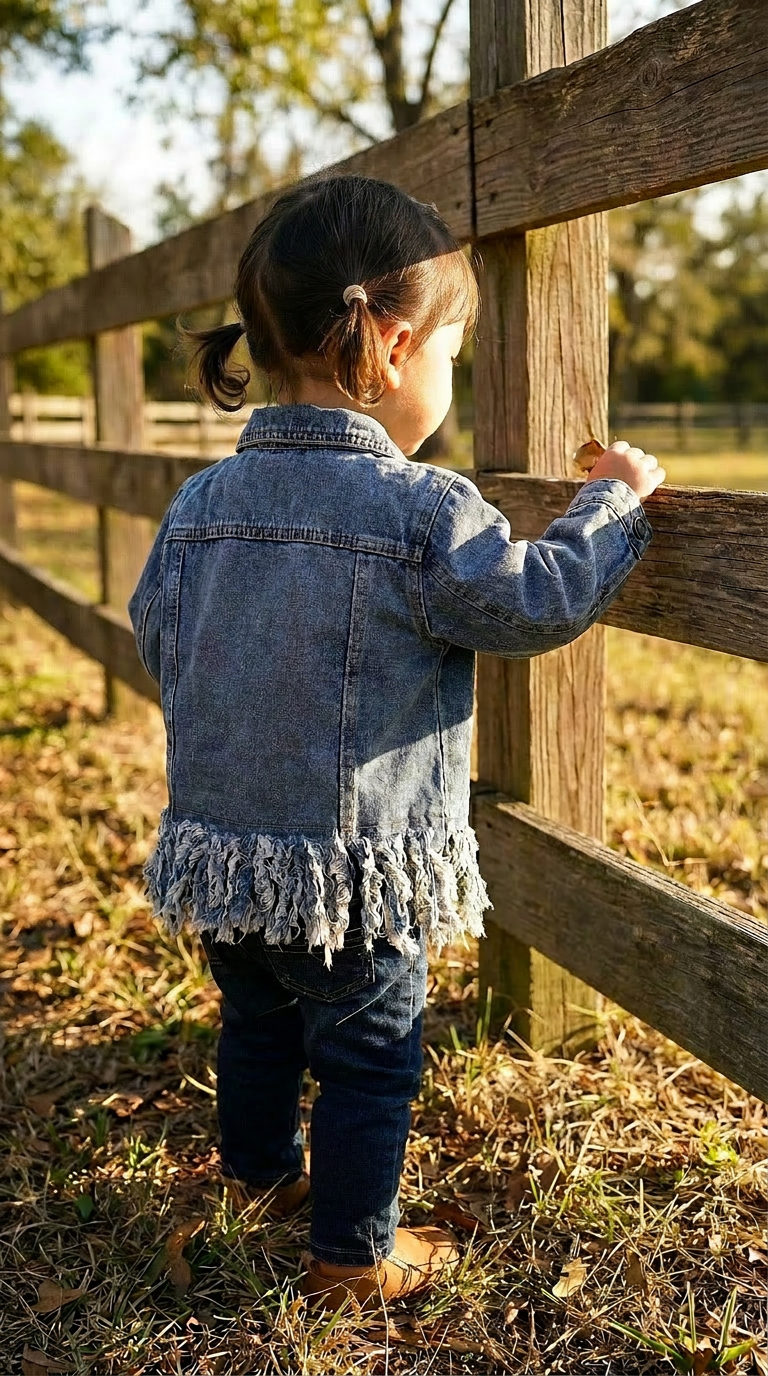 YOUNG GIRL STANDING AT FENCE WEARING TODDLER JEAN JACKET WITH FRAYED HEM