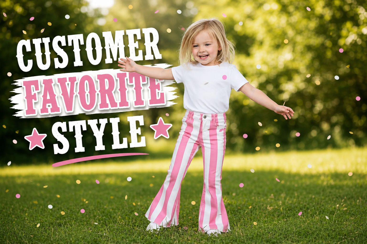 GIRL DANCING TODDLER, KIDS PINK AND WHITE STRIPED JEANS IN A PARK WITH OVERLAY "CUSTOMER FAVORITE STYLE"