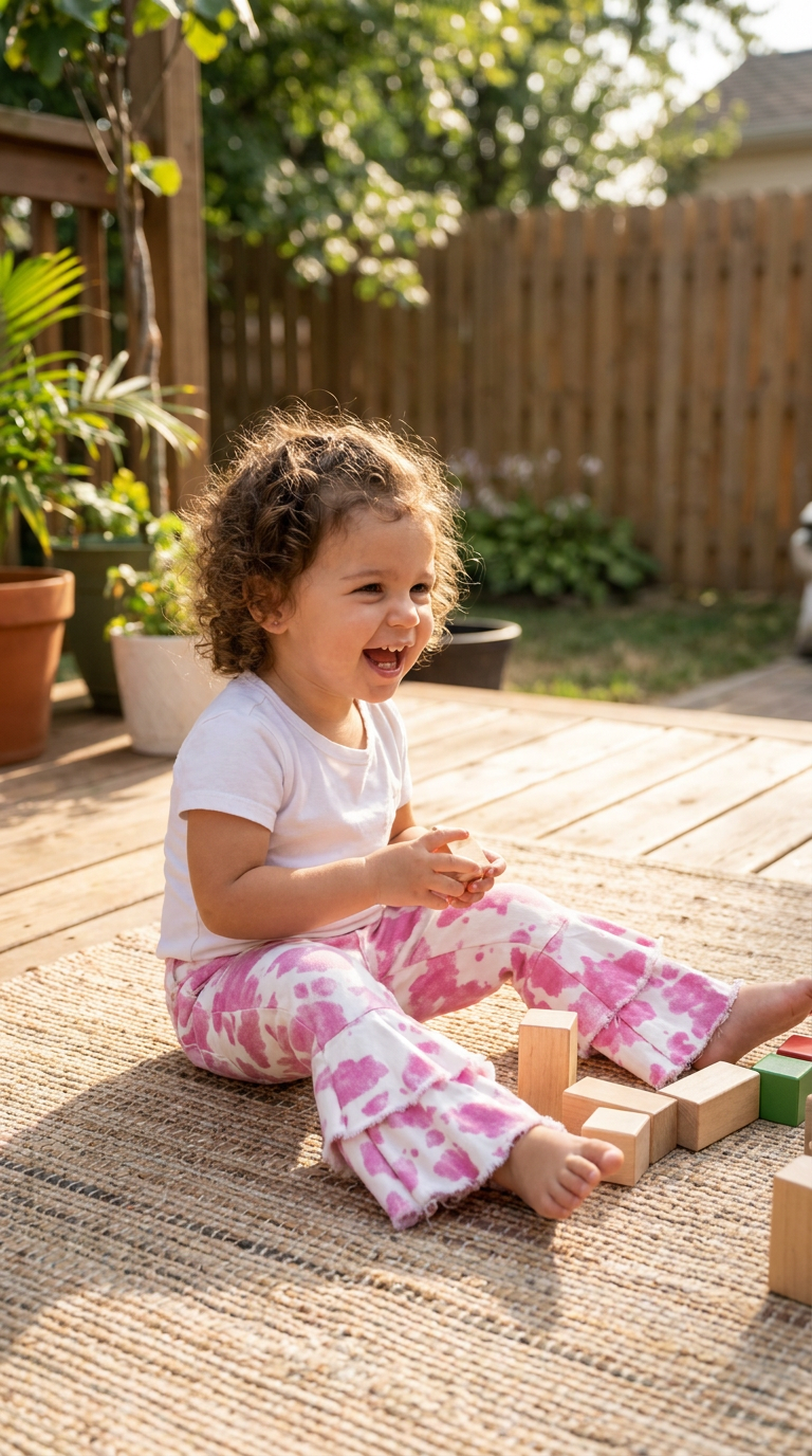 TODDLER GIRL SITTING ON DECK PLAYING WITH BLOCKS WEARING TODDLER PINK COWGIRL COWPRINT BELL BOTTOM JEANS