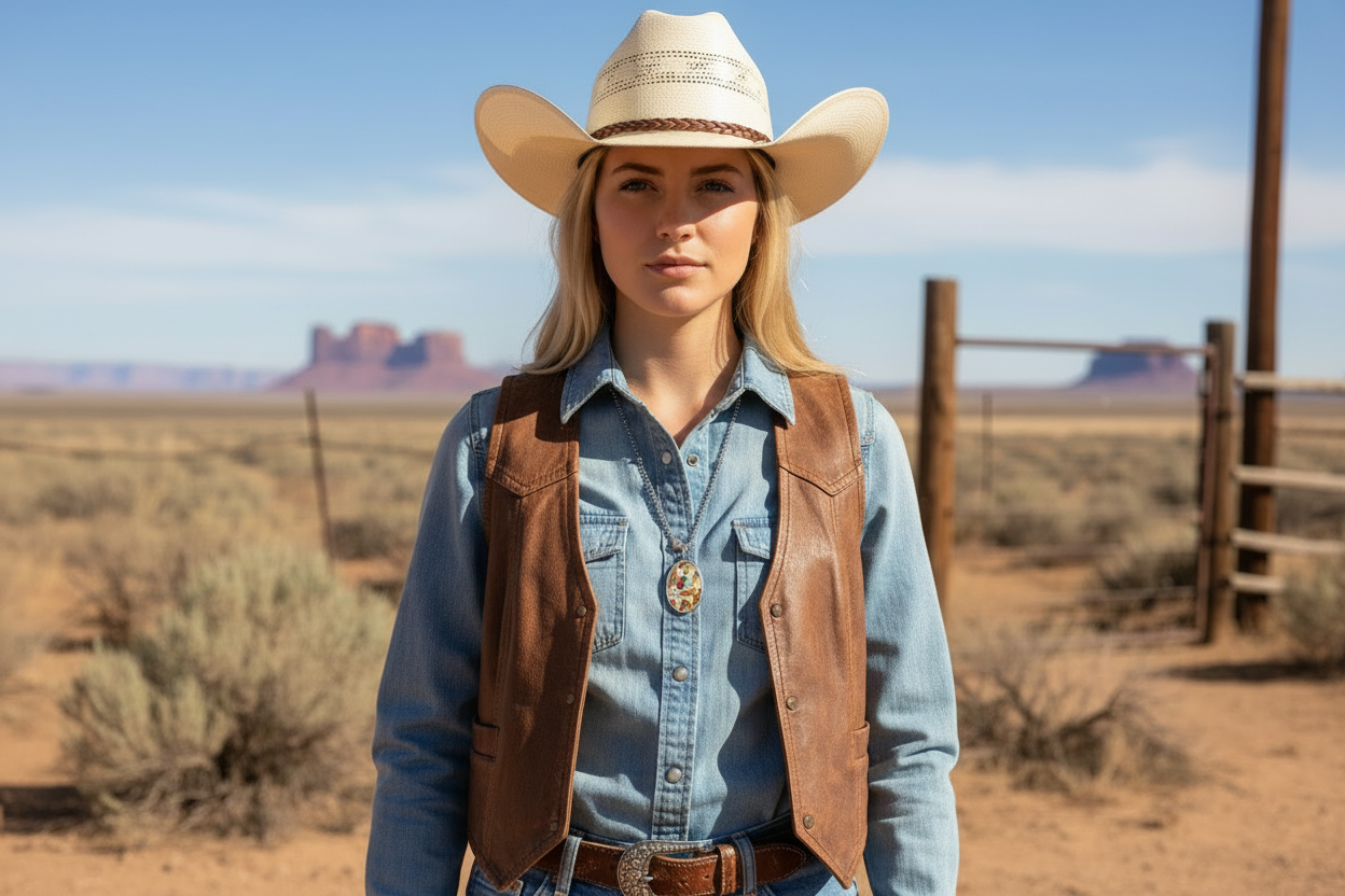 Teardrop-shaped pendant with colorful western cowgirl design on a silver chain against a white background