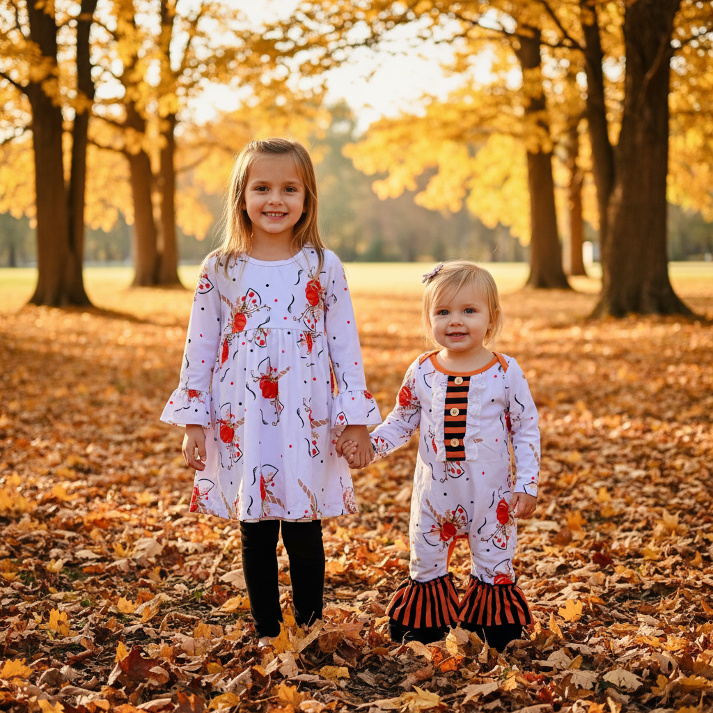 Two children holding hands in a park with autumn leaves and trees wearing a matching unicorn pumpkin dress and romper