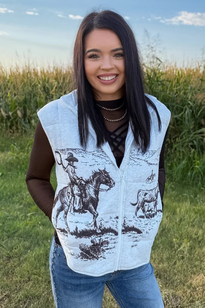 Women’s Western Cowboy Print Zip Up Vest