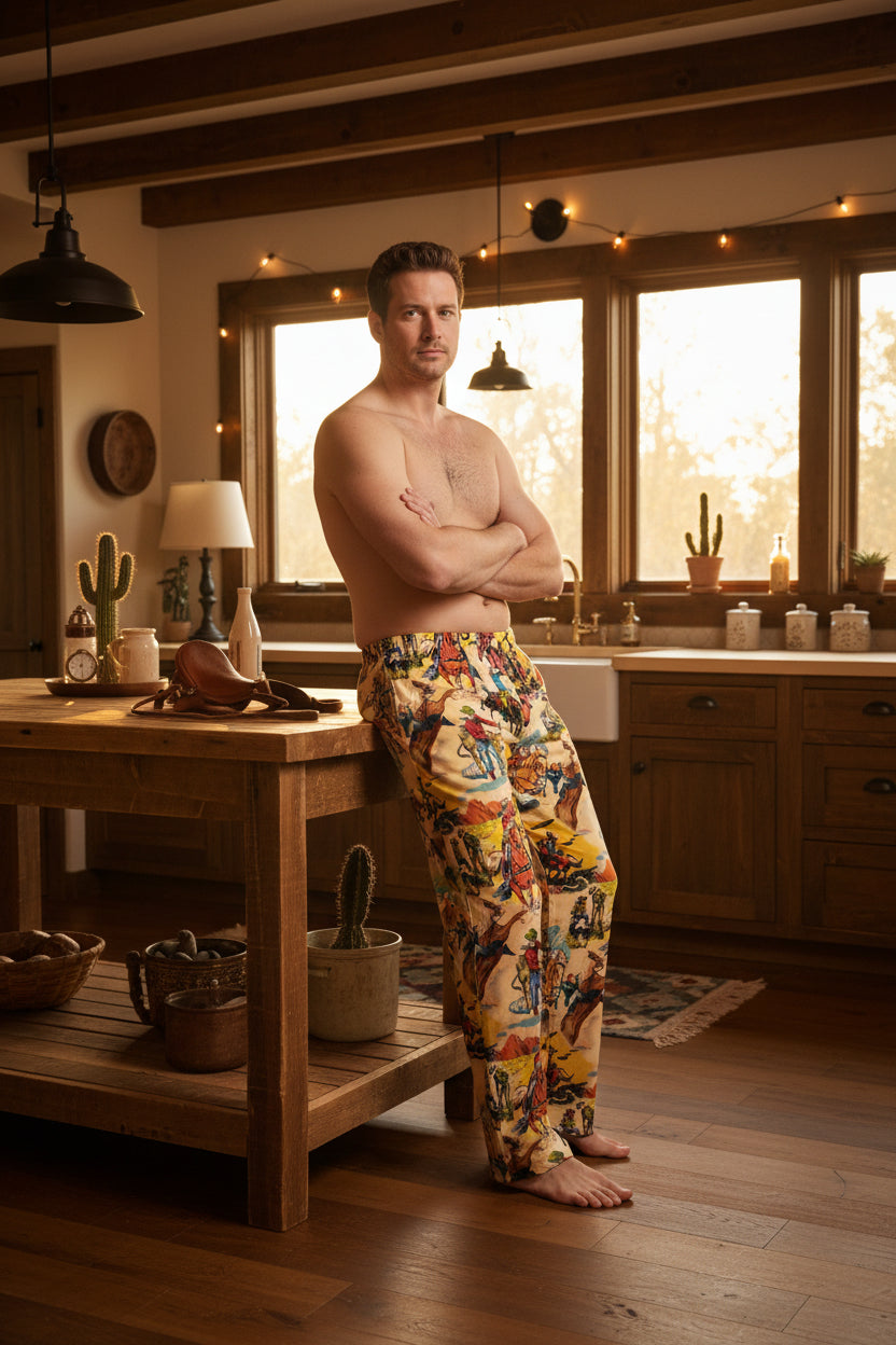 MAN WEARING VINTAGE COWBOY PAJAMA PANTS IN HIS KITCHEN