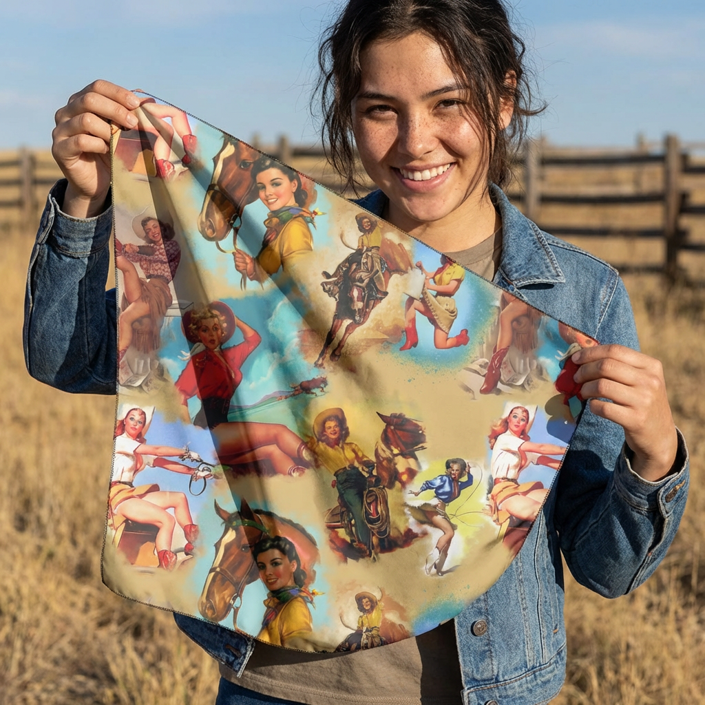 Person holding a colorful VINTAGE COWGIRL WILD RAG with images of people and horses in an outdoor setting