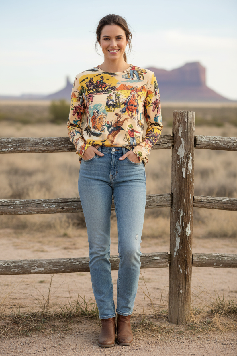 Vintage Cowboy Long Sleeve Shirt, Western AllOver Print Top, Old West Rodeo Style, Vintage Cowboy Graphic Long Sleeve Shirt, -Razels