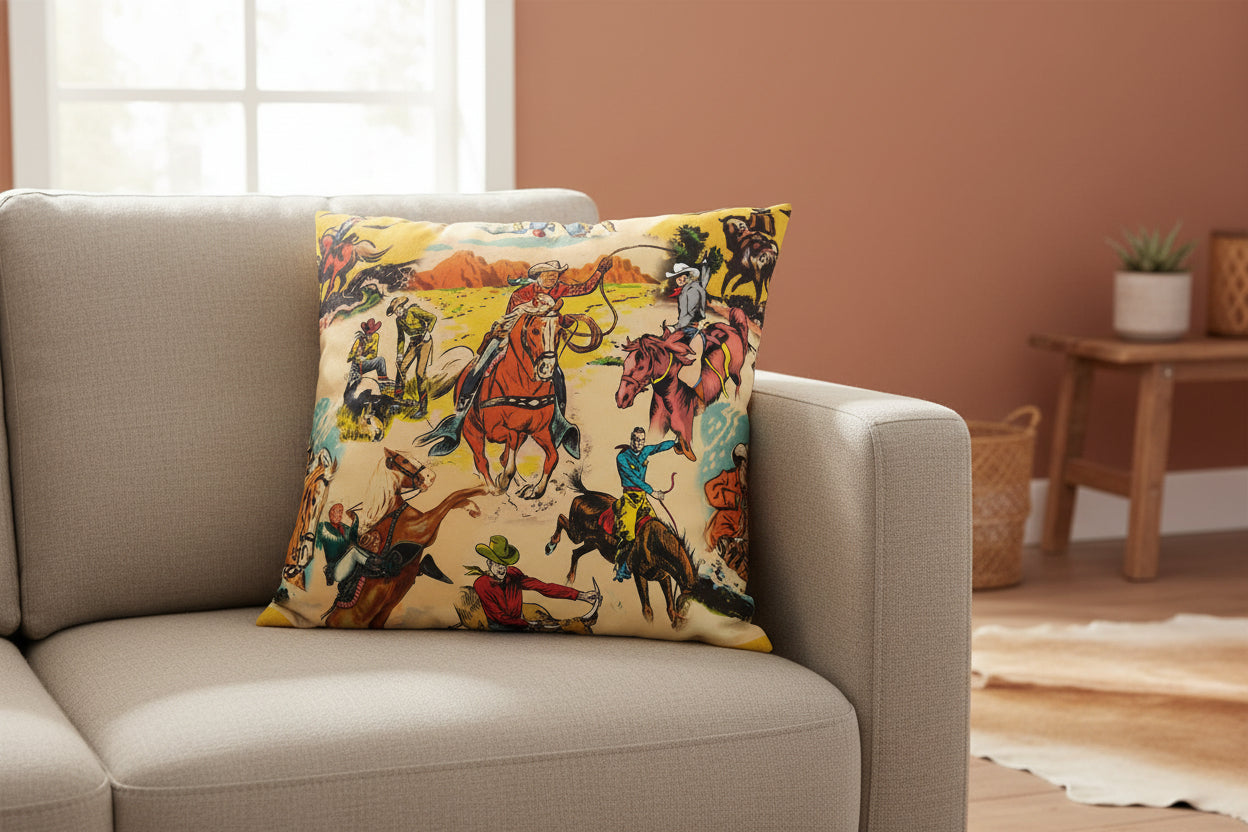 Vintage Cowboy Pillow Cover, Western Faux Suede Cushion Case, Rustic Cowboy Decor -Razels