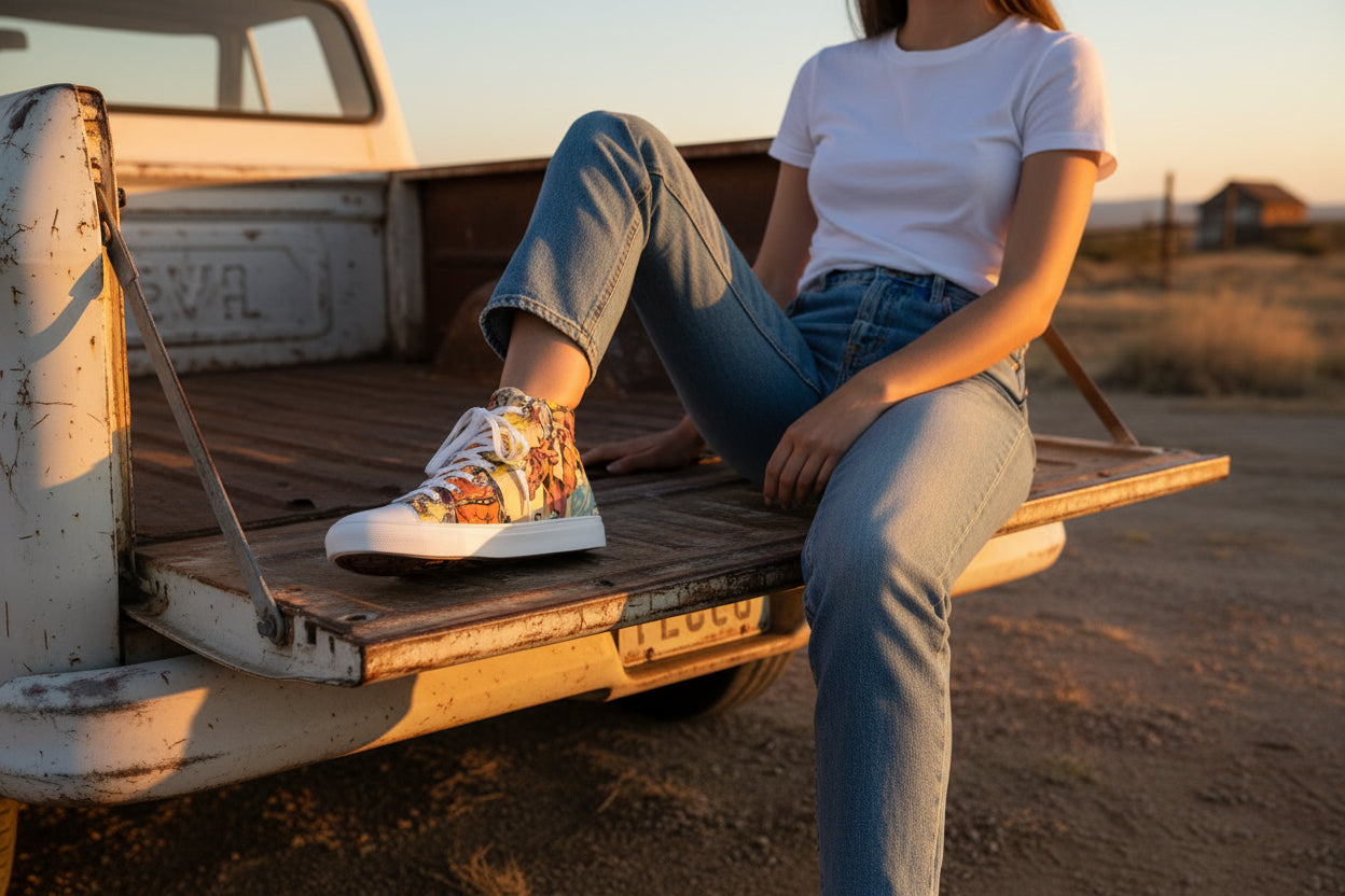 WOMAN SITTING IN OLD TRUCK BED WEARING Vintage Cowgirl High Top Sneakers – Retro Rodeo Style for Your Feet 🤠