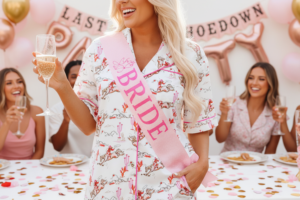 Woman in a 'Bride' sash at a bachelorette party with balloons and champagne.