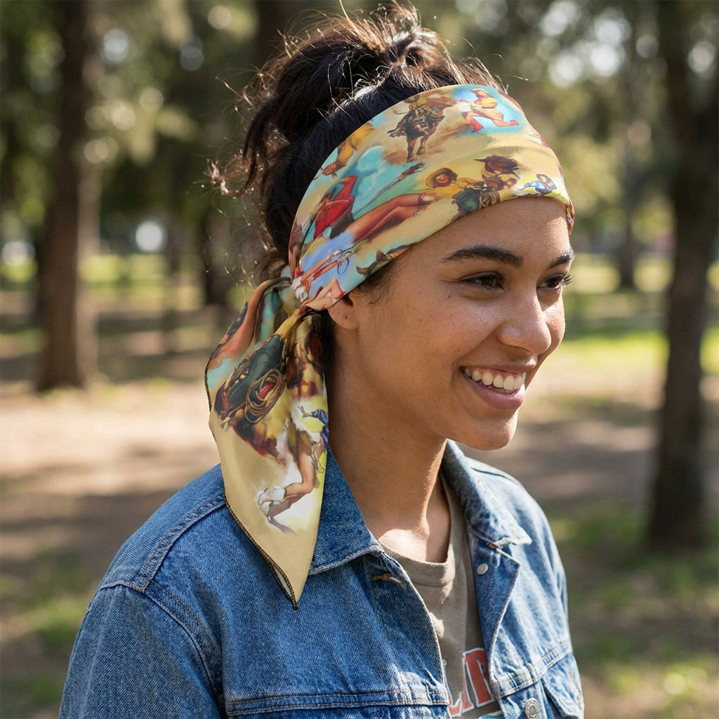 Person wearing a colorful headscarf with COWGIRLS, BUCKING HORSES