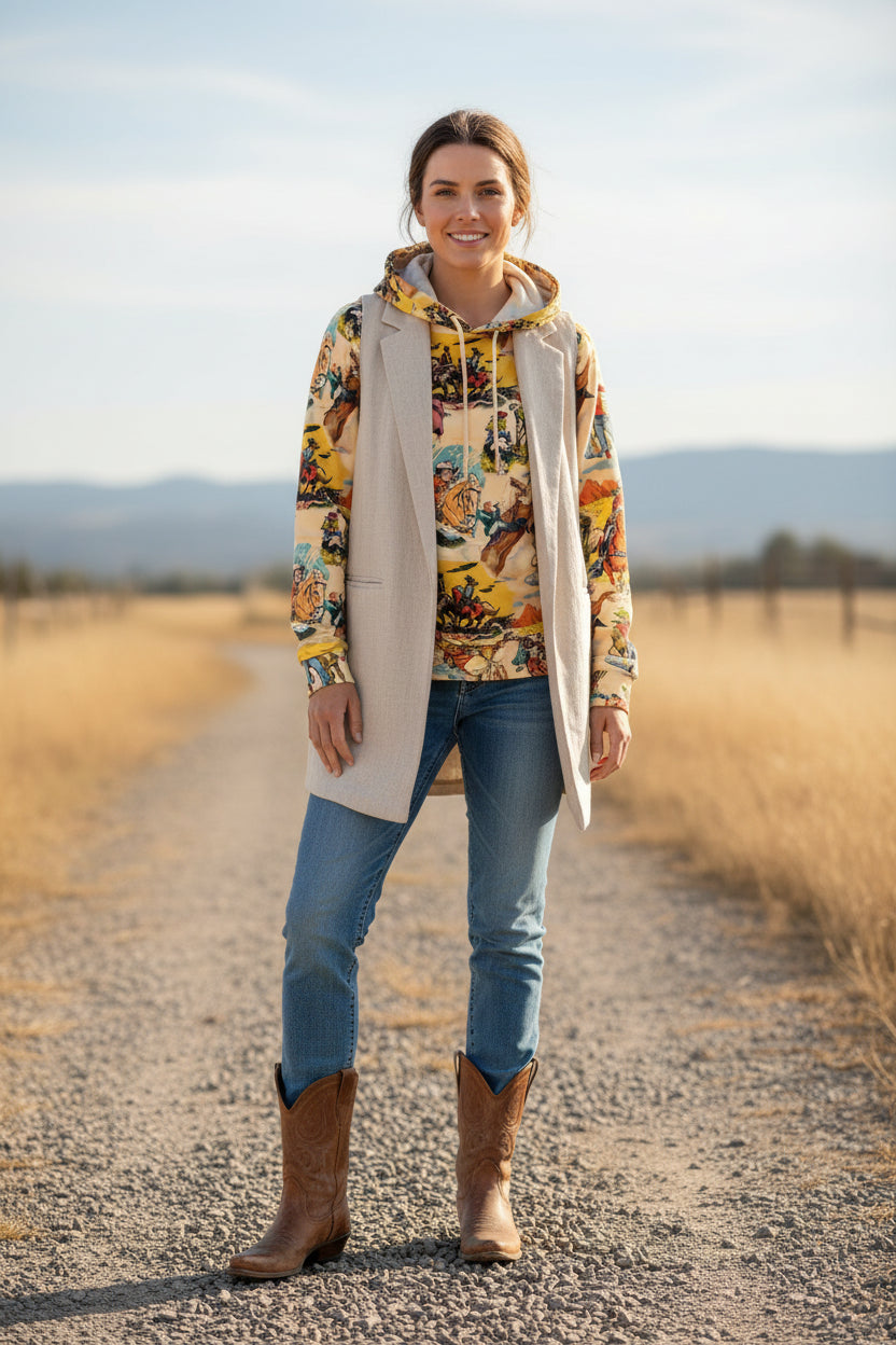 WOMAN WEARING WESTERN HOODIE FEATURING VINTAGE COWBOYS