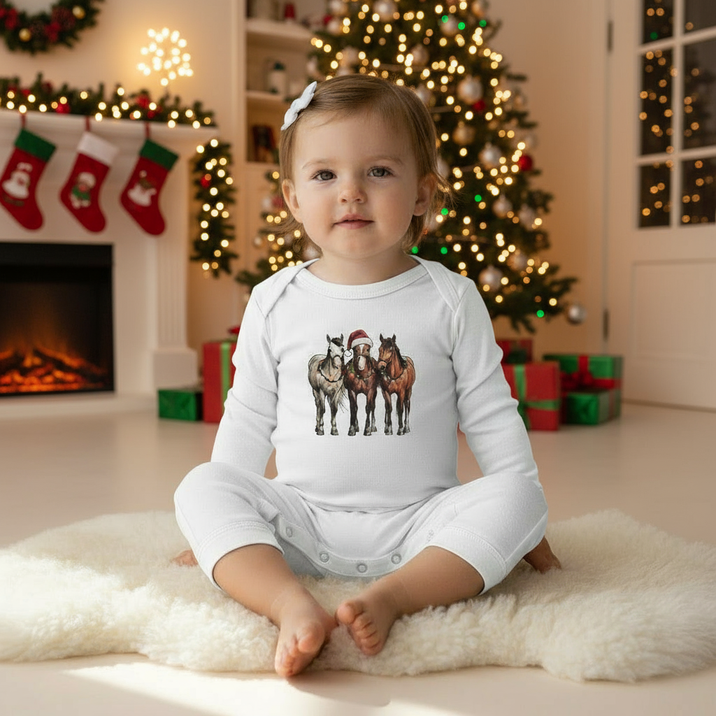 Child wearing a white onesie with horse illustrations in a festive room with Christmas decorations.