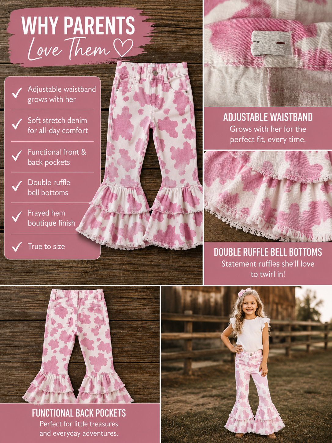 Pink and white floral bell-bottom pants shown in multiple views on a rustic wood background, including a full-length view, close-up of the waistband, double ruffle bottom detail, and a child modeling the outfit. Text callouts describe features like adjustable waistband, soft stretch denim, functional back pockets, and double ruffle bell bottoms.