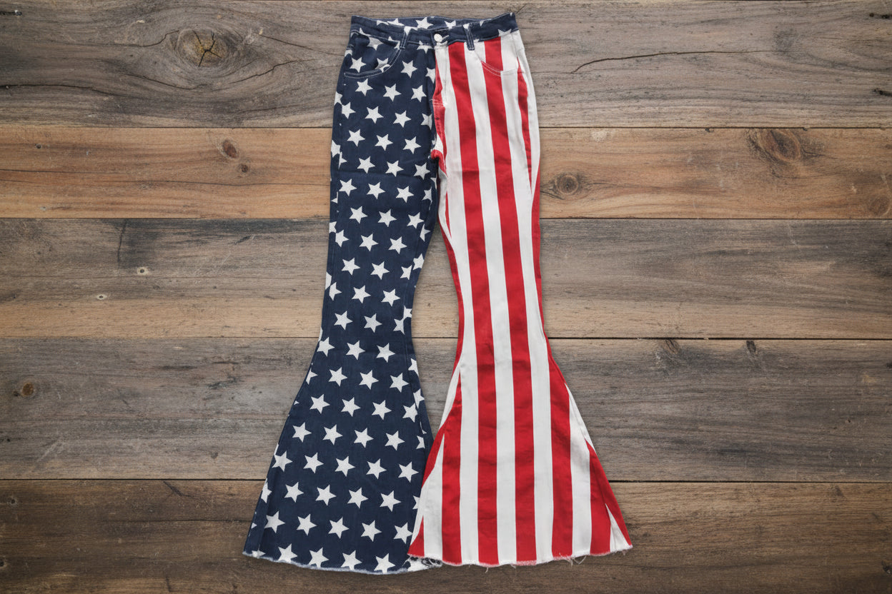 4TH OF JULY BELL BOTTOM JEANS FOR WOMEN ON BARNWOOD BACKGROUND