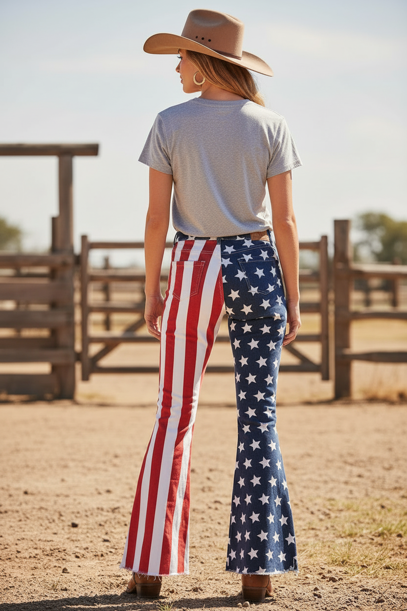 BACK VIEW OF WOMENS Flared jeans with American flag pattern