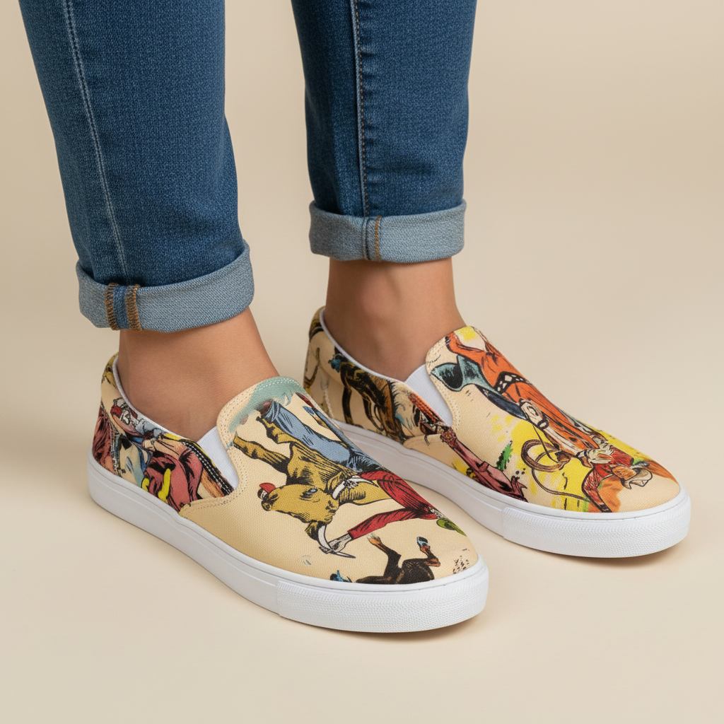 Women’s Vintage Cowboy Slip-On Sneakers | Western Cowgirl Canvas Shoes