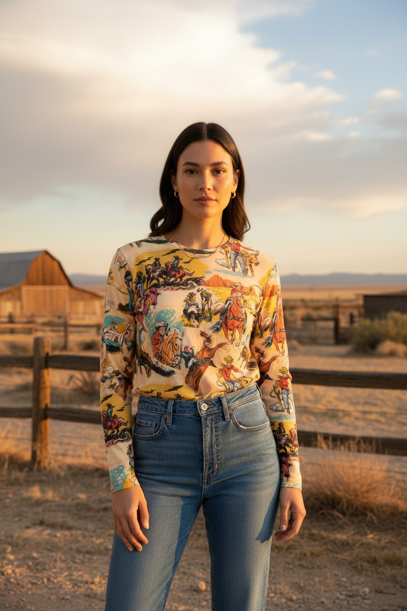 Vintage Cowboy Long Sleeve Shirt, Western AllOver Print Top, Old West Rodeo Style, Vintage Cowboy Graphic Long Sleeve Shirt, -Razels