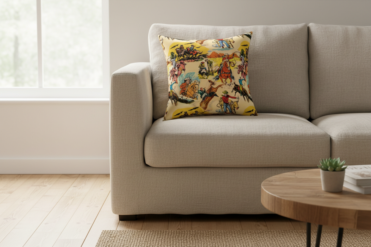 Vintage Cowboy Print Pillow Cover ONLY – Western Home Decor, Faux Suede Cushion Case