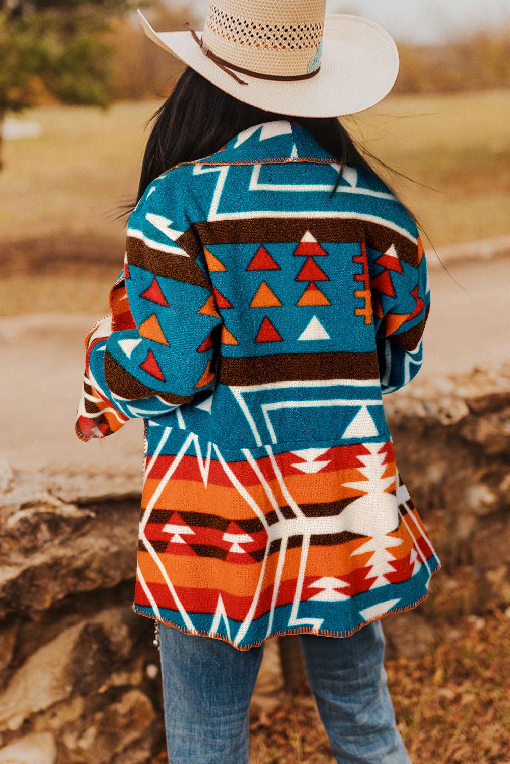 Southwestern Aztec Jacket | Tribal Cardigan | Western Blazer | Lightweight Spring Cardigan
✓ Lightweight and soft — ideal for spring and cool summer nights
✓ Bright whipstitch trim + bold tribal print = total showstopper
✓ Bell sleeves add a laid-back boho flair
✓ Pairs effortlessly with jeans and boots for an easy cowgirl outfit
✓ Open front design makes it a breeze to layer over tees or tanks