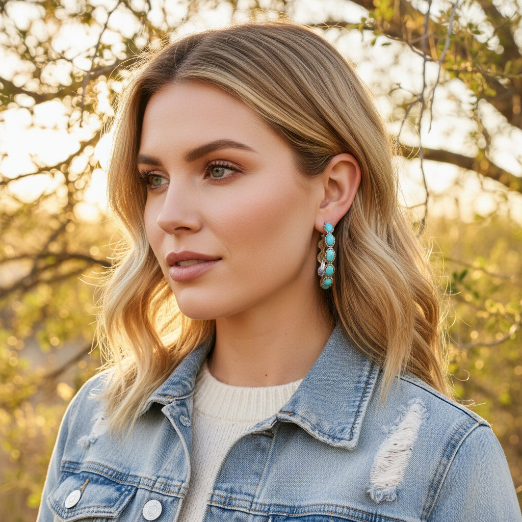 Western Turquoise Hoop Earrings ✨Western Earrings for Women
Featuring a bold C-shape design, a burnished silver finish, and vibrant gemstone inlay, they blend rustic elegance with boho-chic vibes. Large hoop earrings 1.8" diameter. Ship FREE w/ $35+