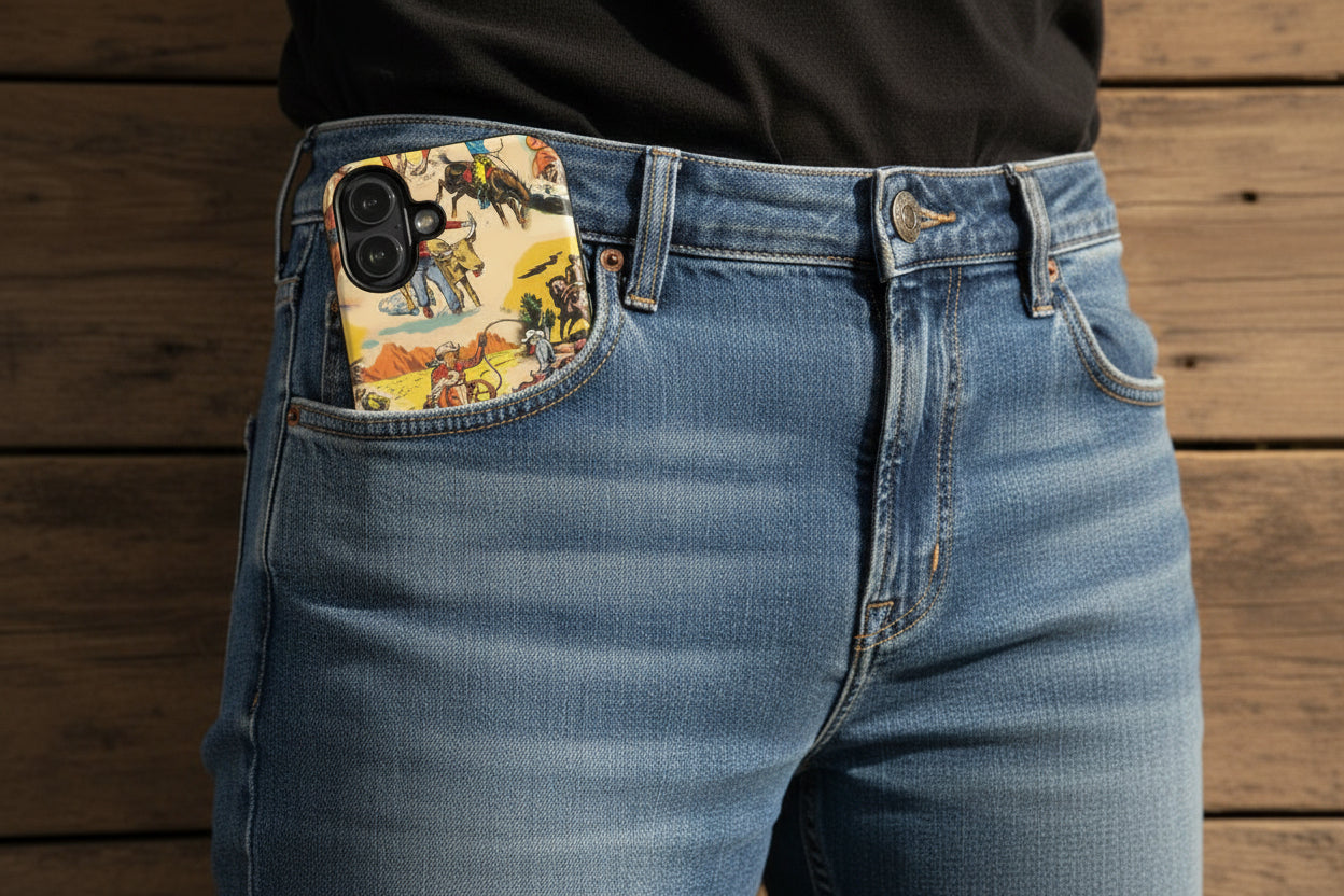 Phone case with cowboy and rodeo design on a white background