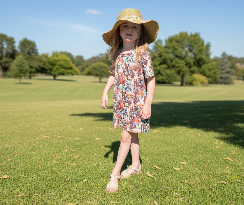 jernie, daughter of Razels boutique owner Amber, standing in field modleing Razels' Western tshirt dress and floppy sun hat.