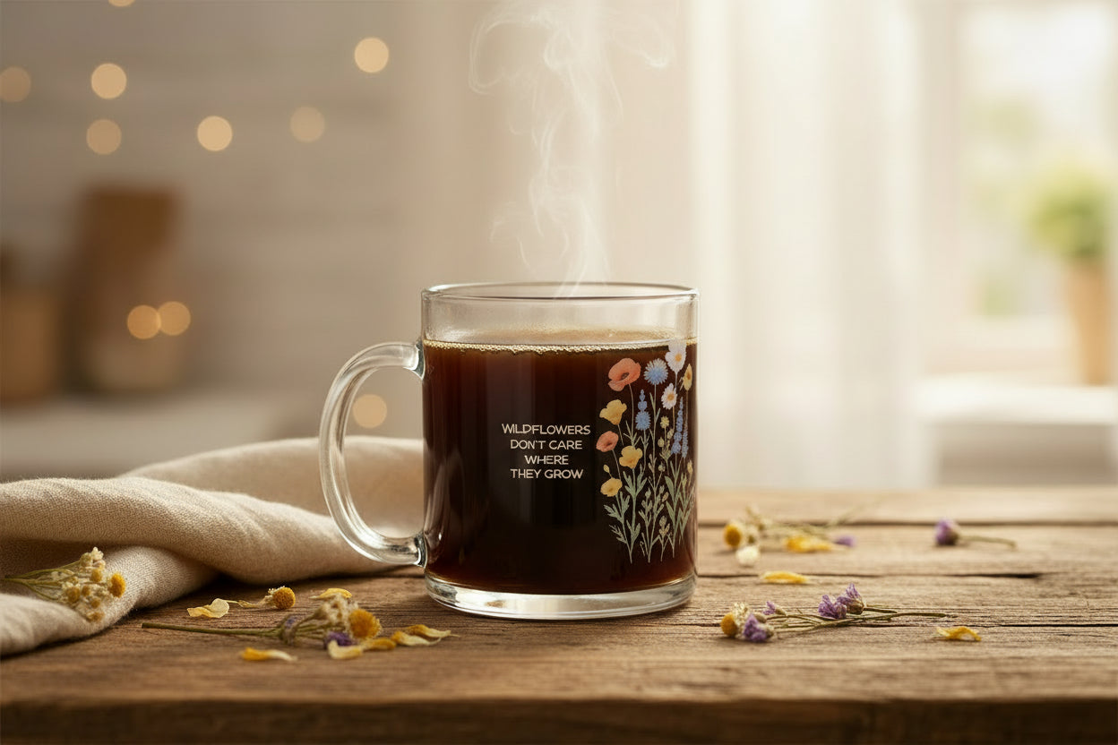 Wildflower Personalized Glass Mug – 10oz Floral Tea & Coffee Cup 🌸 “Wildflowers don’t care where they grow” — and neither do your cozy moments. 🌿 Features: ✓ Clear, durable glass with an elegant floral design ✓ Comfortable ergonomic handle for easy sipping ✓ Holds 10oz – ideal for tea, coffee, or cozy drinks ✓ Heat-resistant (but not microwave-safe!) ✓ A lovely gift for birthdays, holidays, or just because