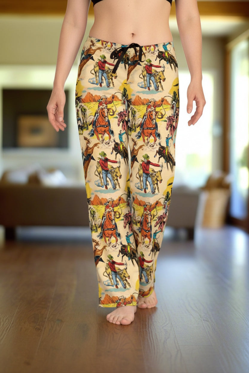 Women's Vintage Cowboy Pajama Pants - Soft Western Loungewear with Rugged Rodeo Print, Old West Sleepwear -Razels