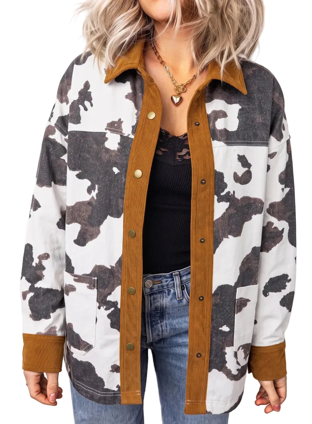 woman wearing Womens Cow print Denim Shacket Jacket with Brown Trim against white background