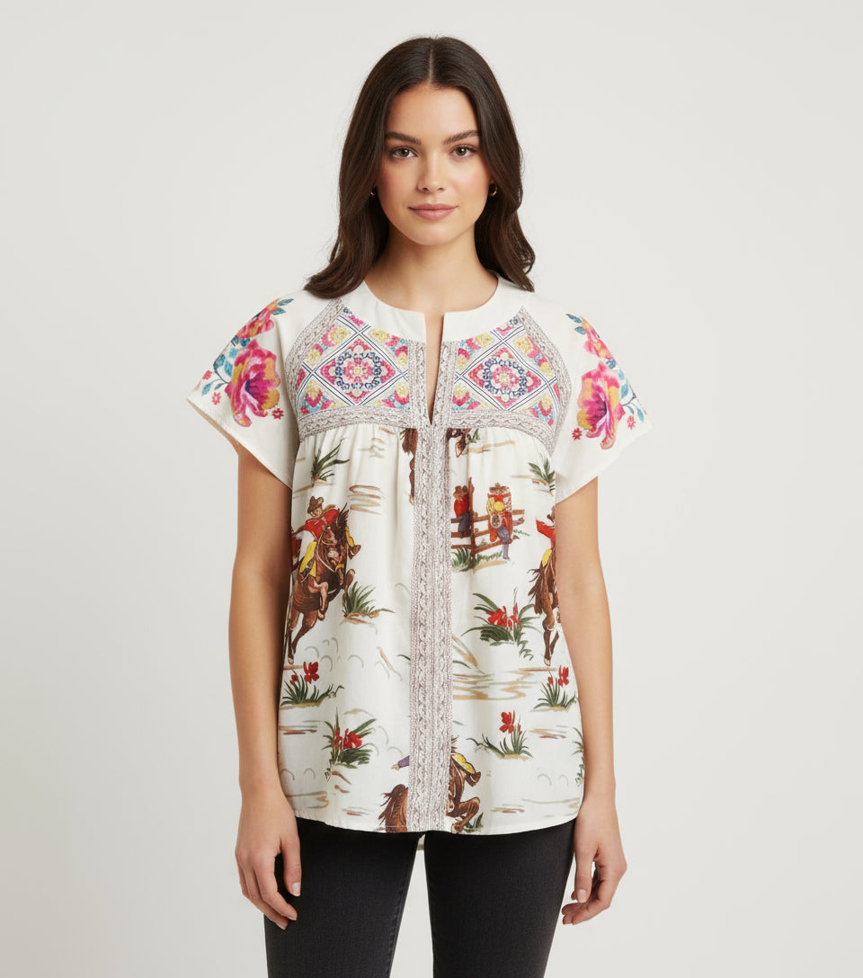 Womens Retro Cowboy Blouse, Flowers and Vintage Cowboy Shirt - Razels
