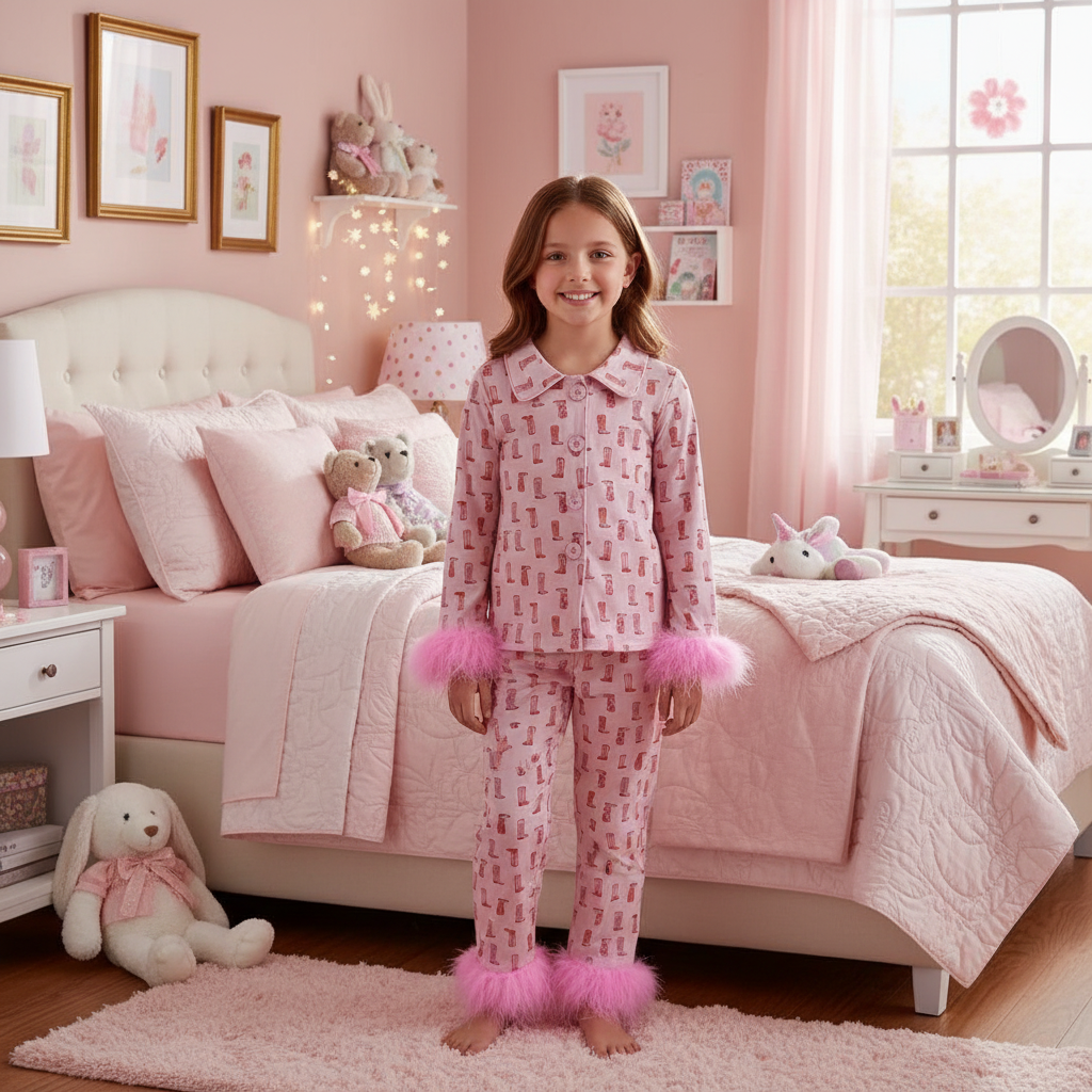 Young girl in pink cowgirl boot pajamas with fur cuffs in a bedroom