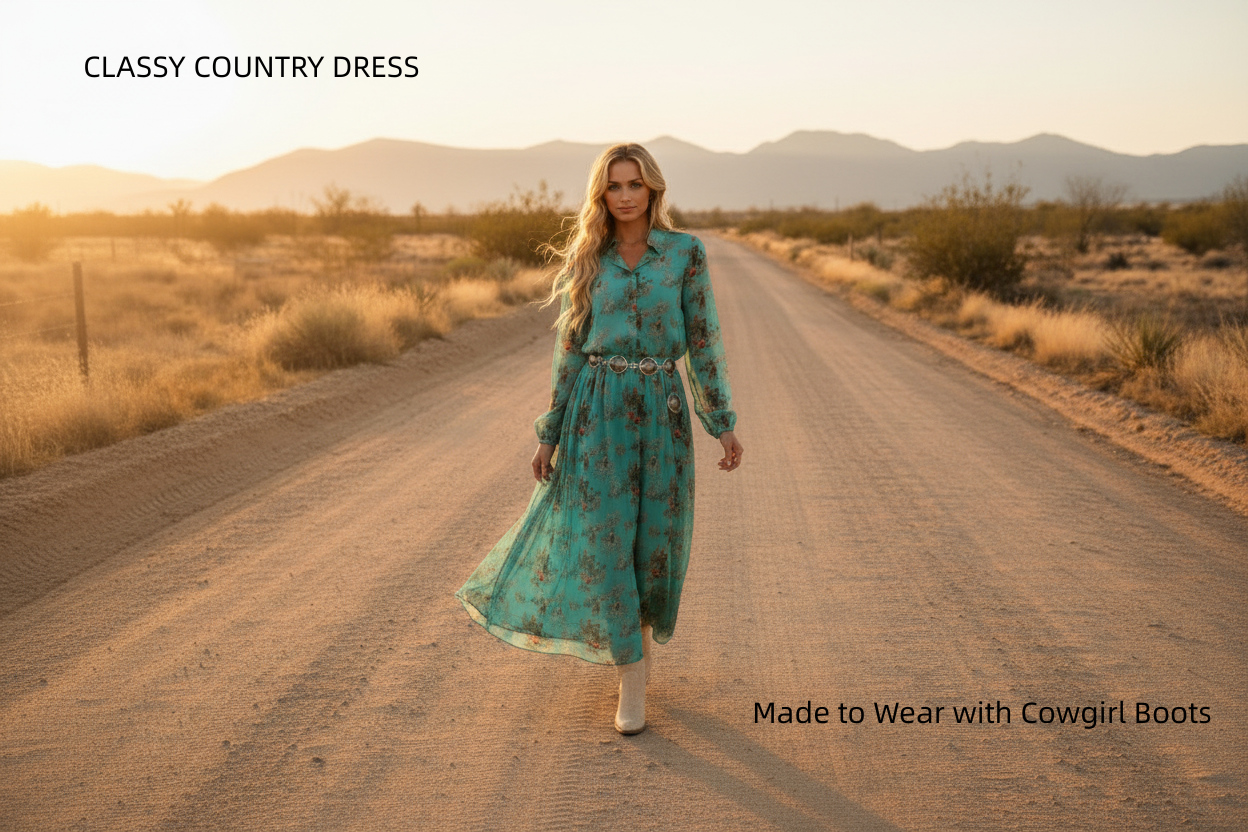 Classy Country Long Sleeve Dress | Turquoise Western Maxi Dress for Cowgirl Boots | Western Wedding Guest Dress