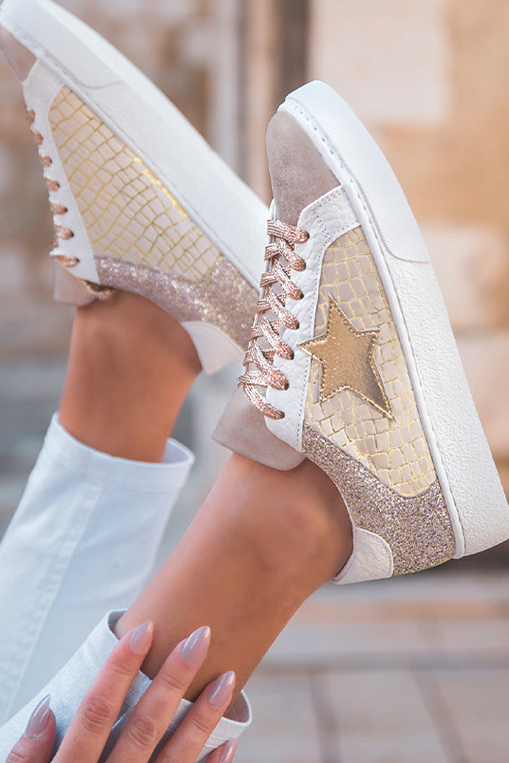 Gold Glitter Star Patchwork Sneakers, Lace-Up Shoes for a Sparkly Casual Look
