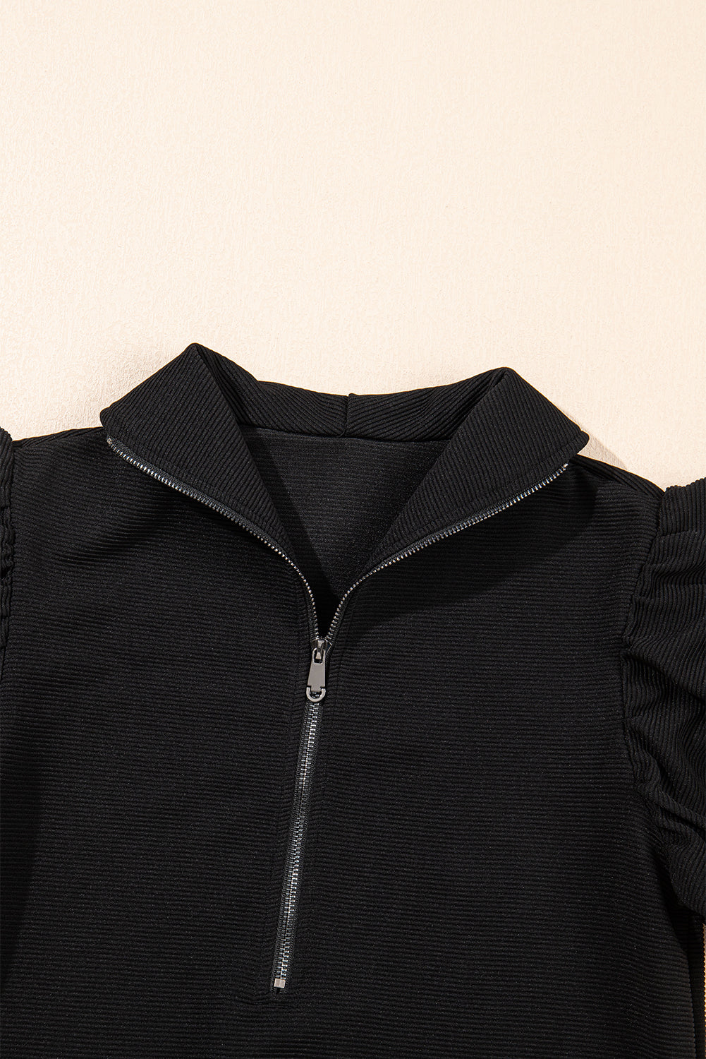 BlackTextured Ruffle Sleeve Two-Piece Set | Zipper Neck Top & Solid Color Pants