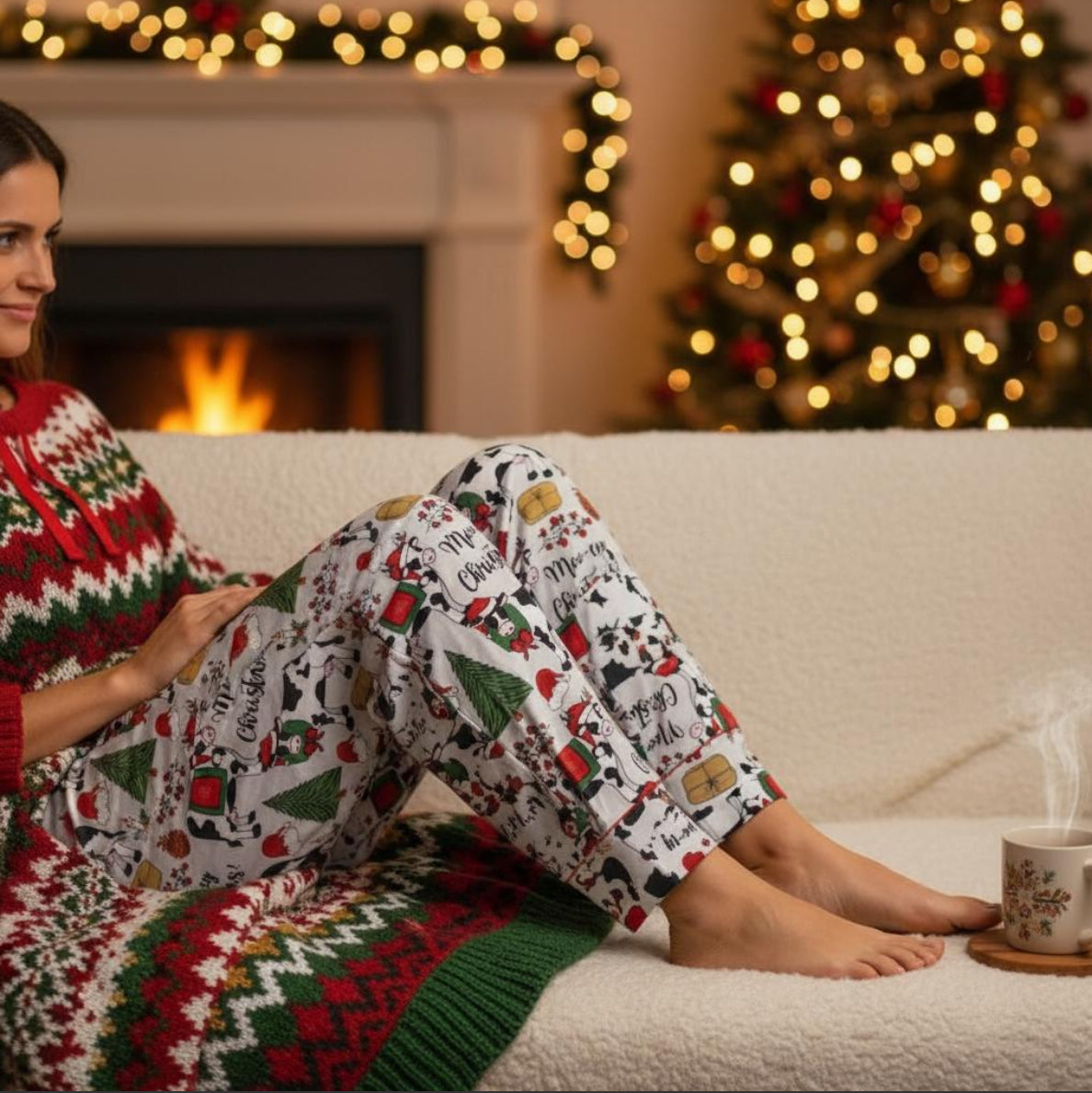 Woman in festive pajamas sitting on a couch with a Christmas tree and fireplace in the background.