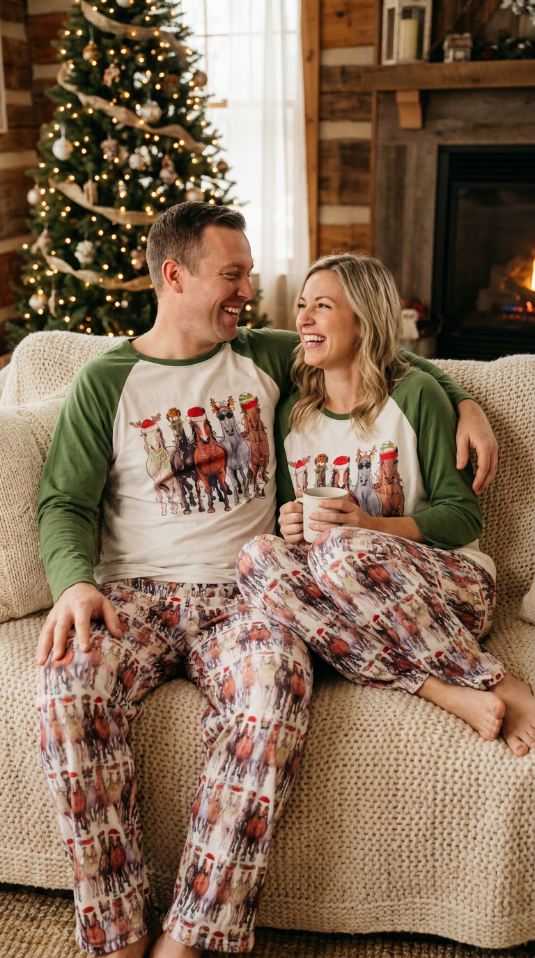 couple sitting on couch wearing Razel's adult Christmas horse pajamas