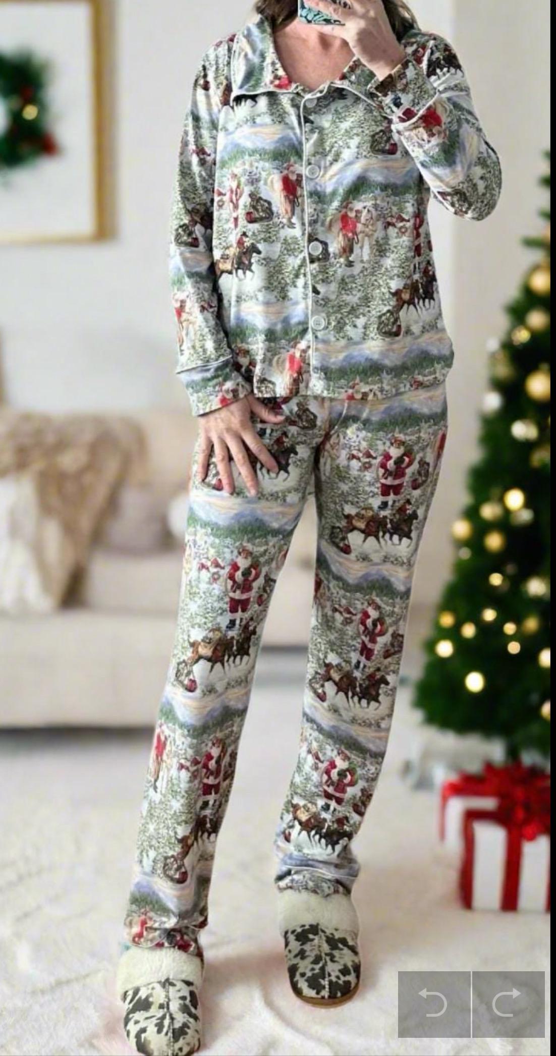 ORIGINAL Cowboy Santa Pajamas featuring Western Santa and his best horses. This button-down pajama style is perfect for the whole family.