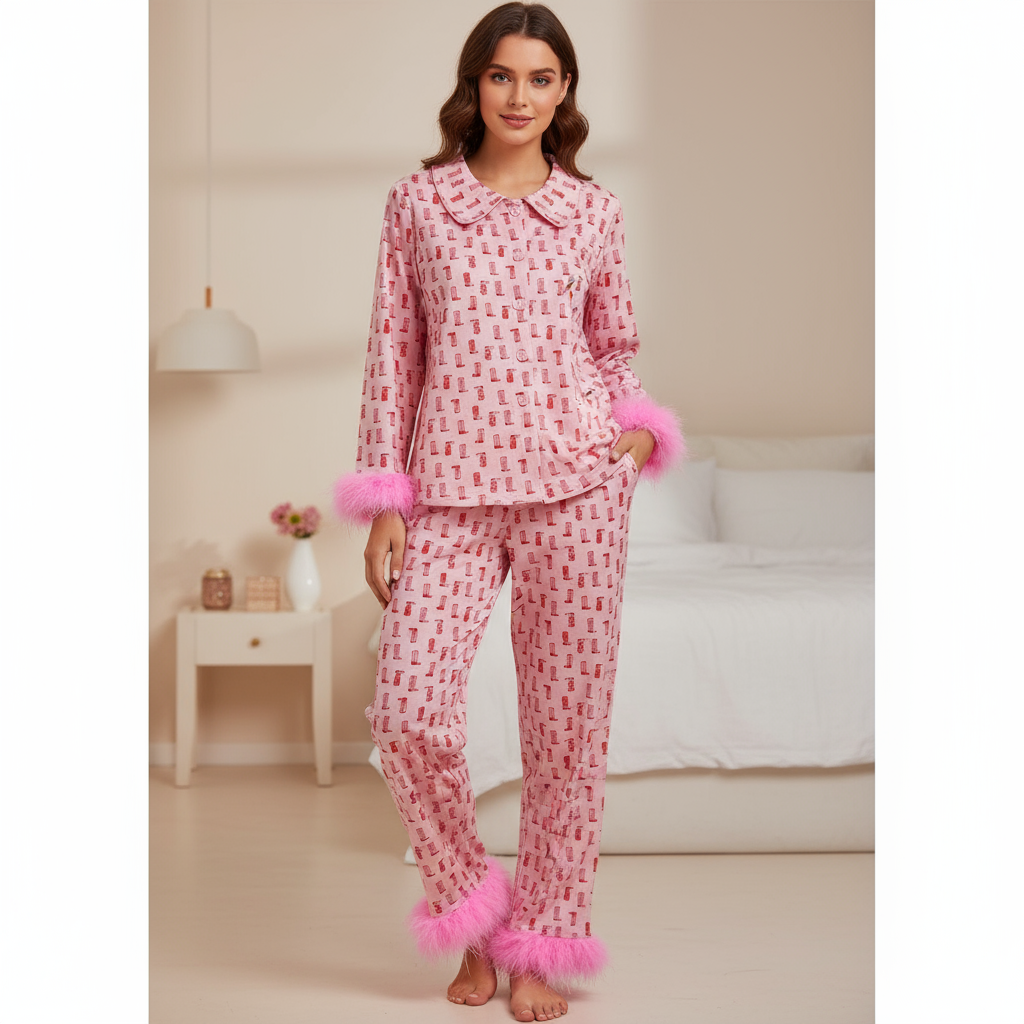 Matching Mom & Daughter Pink Cowgirl Boot Pajamas โ Feather Trim Western Christmas PJs โ Mommy & Me Cowgirl Pajamas โ Razels