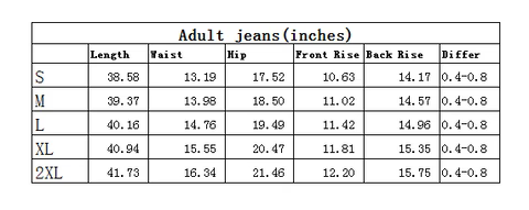 Table of measurements for adult jeans in inches