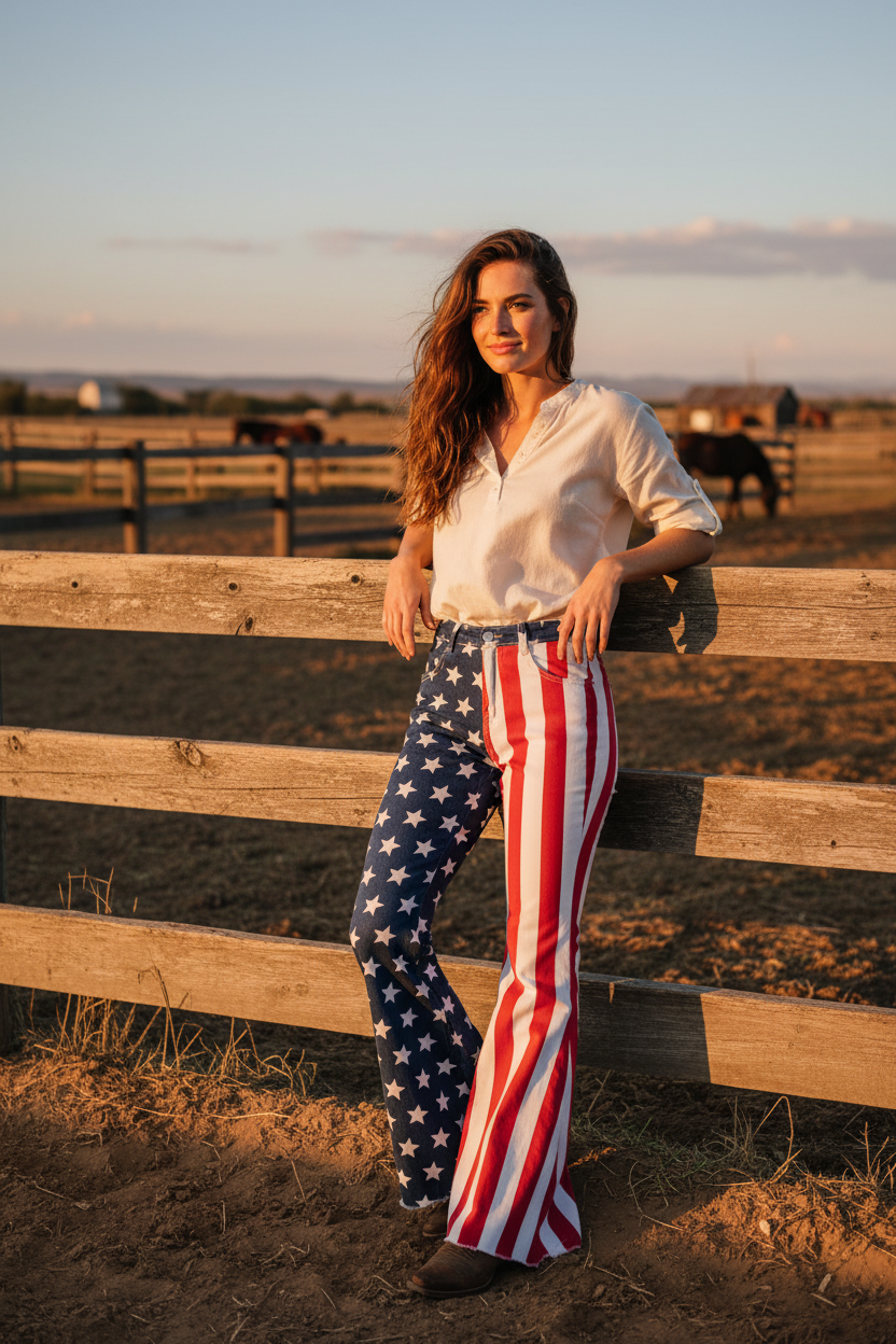woman leaning on fence wearing Flared pants with American flag pattern