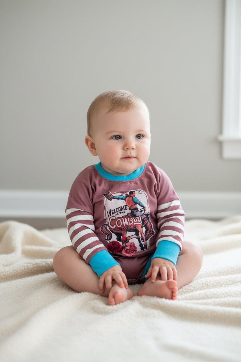 baby wearing Razels baby cowboy ranch onsie, great baby gift, newborn gift